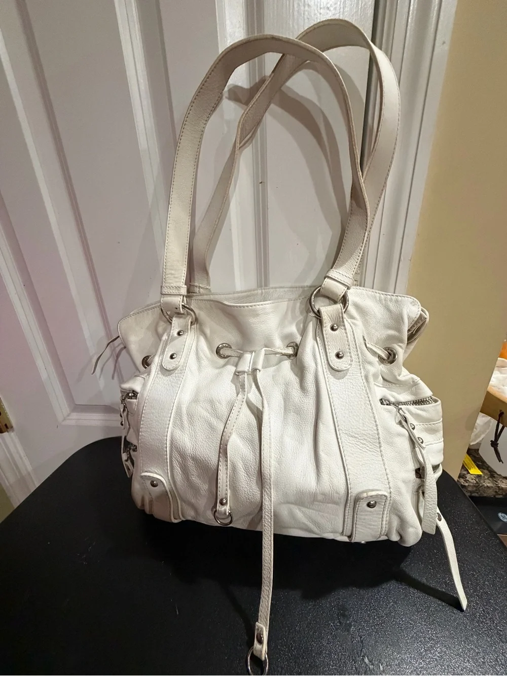 White Leather Drawstring Shoulder Bag